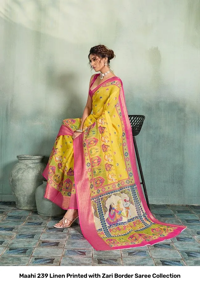 Maahi 239 Linen Printed with Zari Border Saree Collection - Image 2
