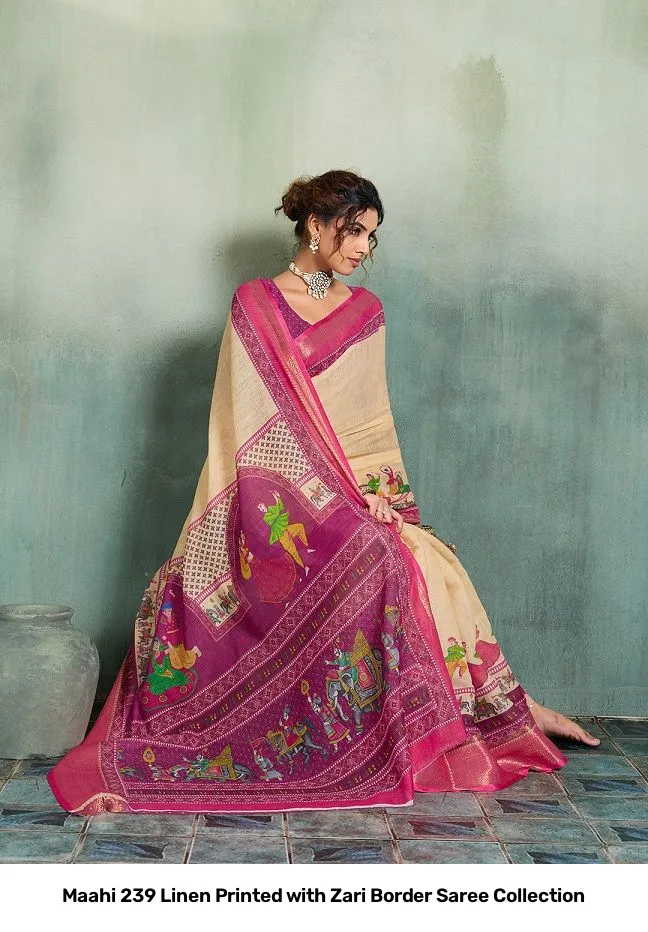 Maahi 239 Linen Printed with Zari Border Saree Collection - Image 3