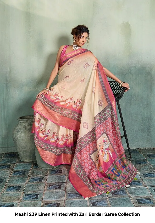 Maahi 239 Linen Printed with Zari Border Saree Collection - Image 4