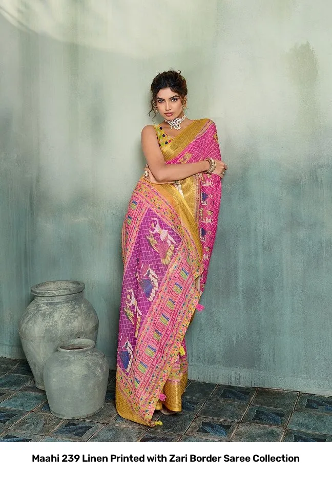 Maahi 239 Linen Printed with Zari Border Saree Collection - Image 6