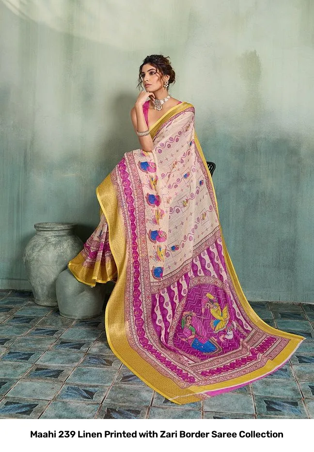 Maahi 239 Linen Printed with Zari Border Saree Collection - Image 7