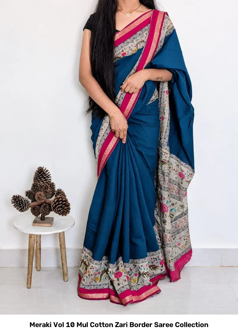 Meraki Vol 10 Mul Cotton Zari Border Saree Collection - Image 3