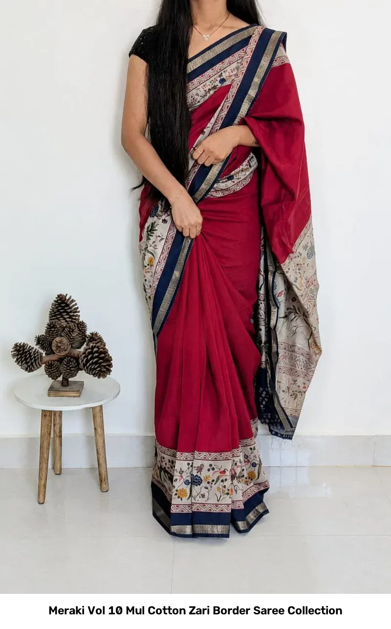 Meraki Vol 10 Mul Cotton Zari Border Saree Collection - Image 6