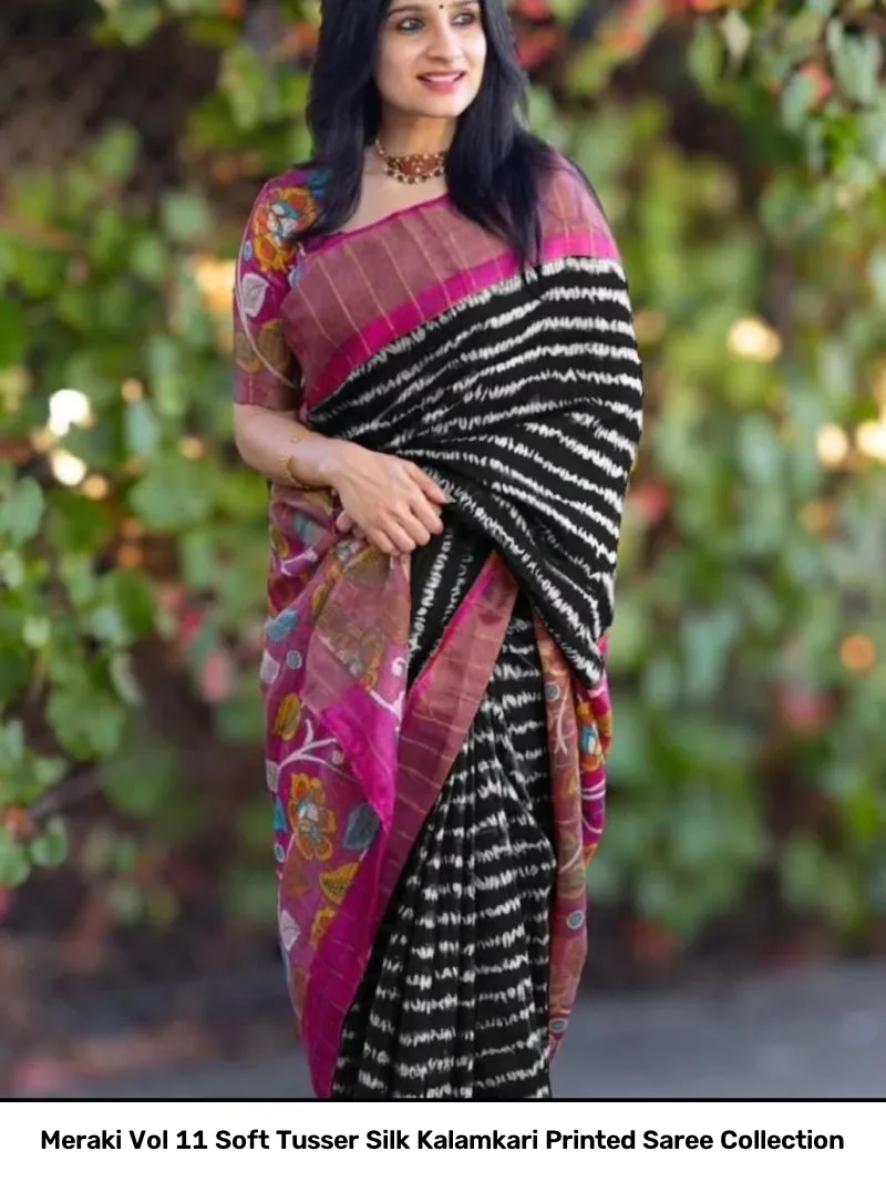 Meraki Vol 11 Soft Tusser Silk Kalamkari Printed Saree Collection - Image 2
