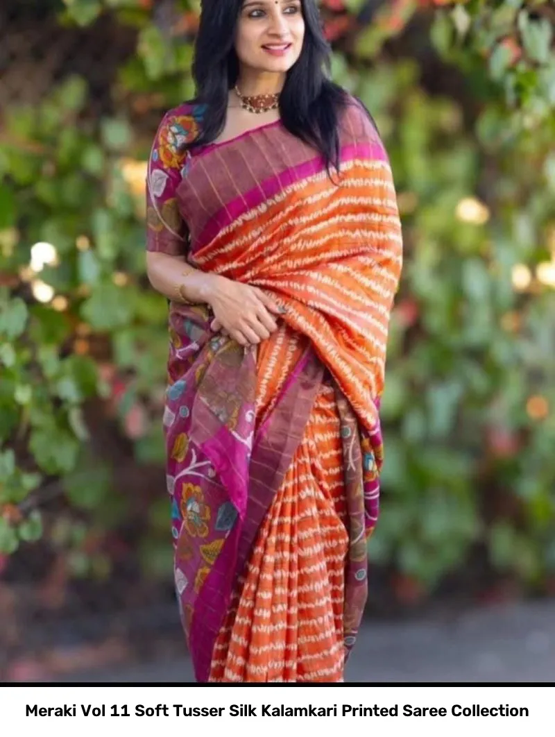 Meraki Vol 11 Soft Tusser Silk Kalamkari Printed Saree Collection - Image 3