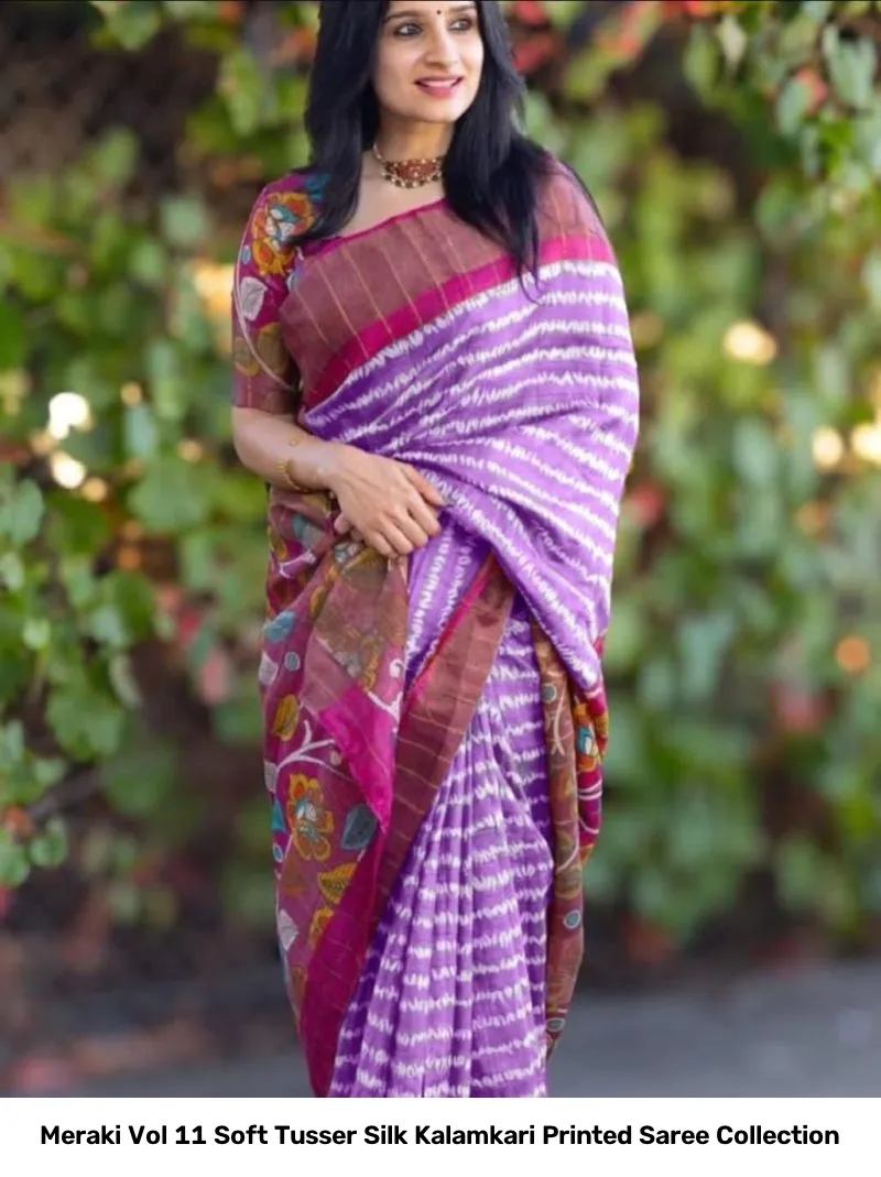 Meraki Vol 11 Soft Tusser Silk Kalamkari Printed Saree Collection - Image 4
