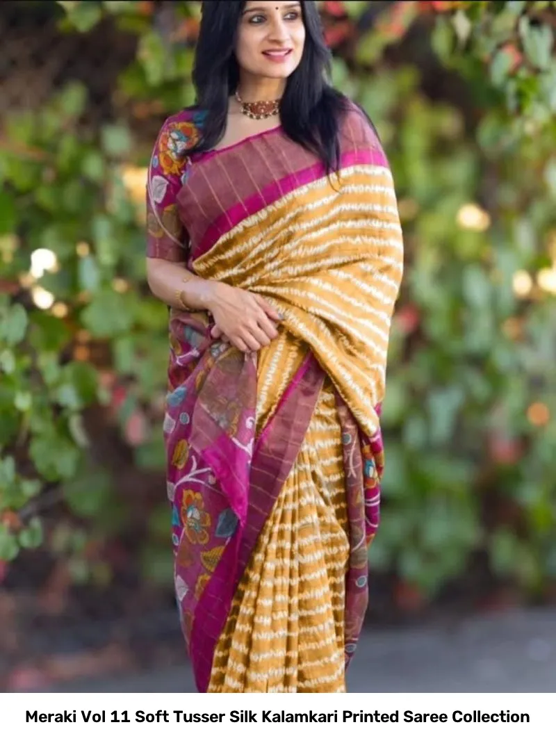 Meraki Vol 11 Soft Tusser Silk Kalamkari Printed Saree Collection - Image 5
