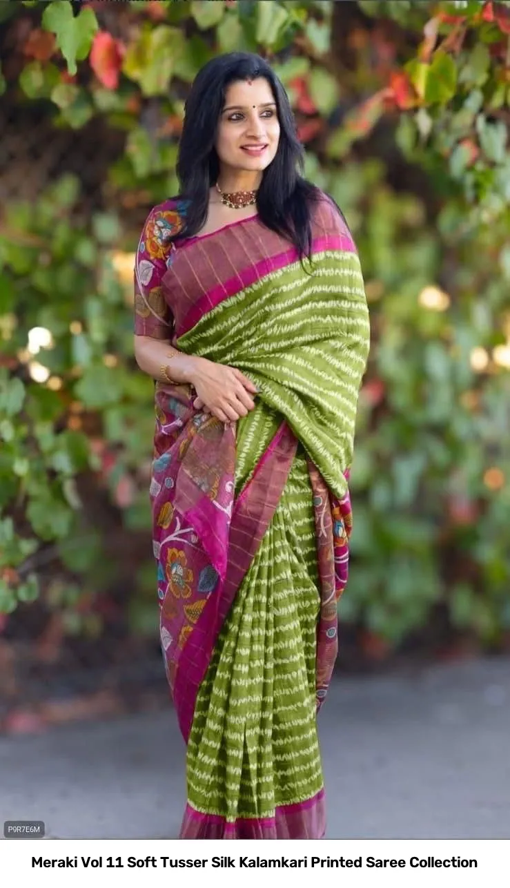 Meraki Vol 11 Soft Tusser Silk Kalamkari Printed Saree Collection - Image 7