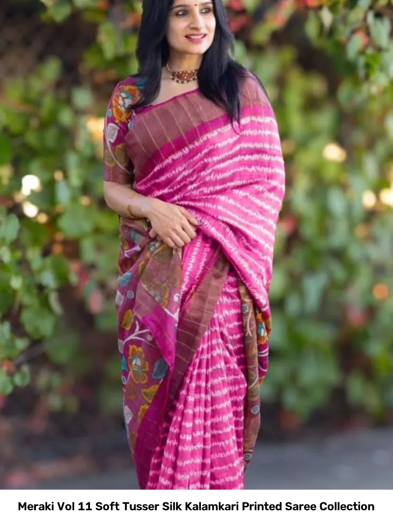 Meraki Vol 11 Soft Tusser Silk Kalamkari Printed Saree Collection - Image 8