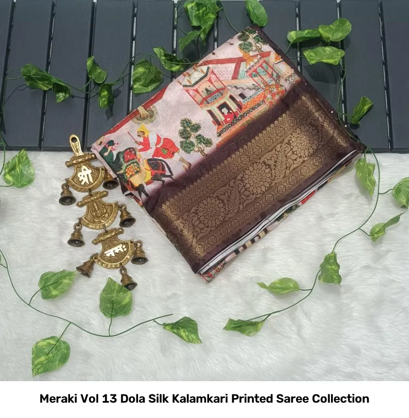 Meraki Vol 13 Dola Silk Kalamkari Printed Saree Collection - Image 3