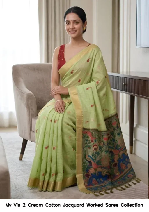 Mv Vis 2 Cream Cotton Jacquard Worked Saree Collection