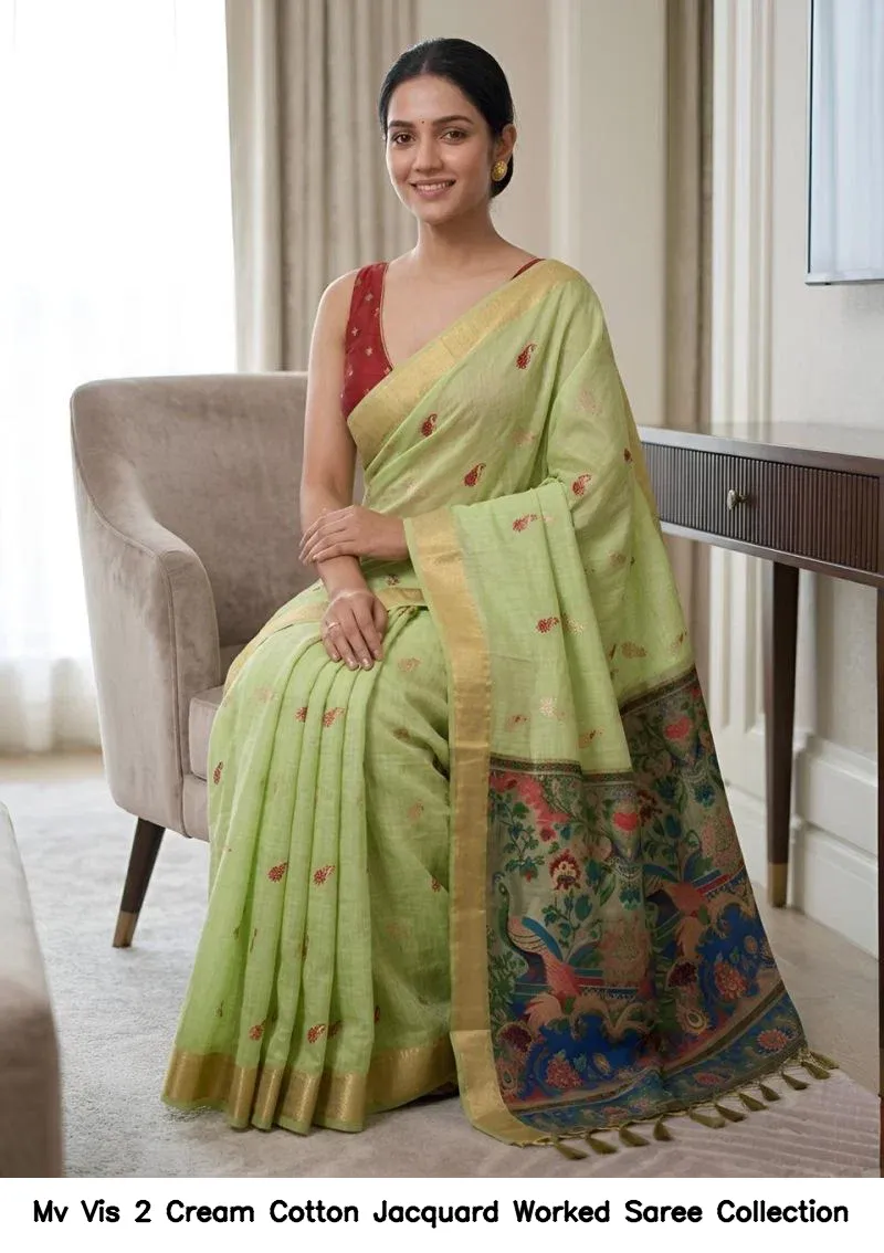 Mv Vis 2 Cream Cotton Jacquard Worked Saree Collection