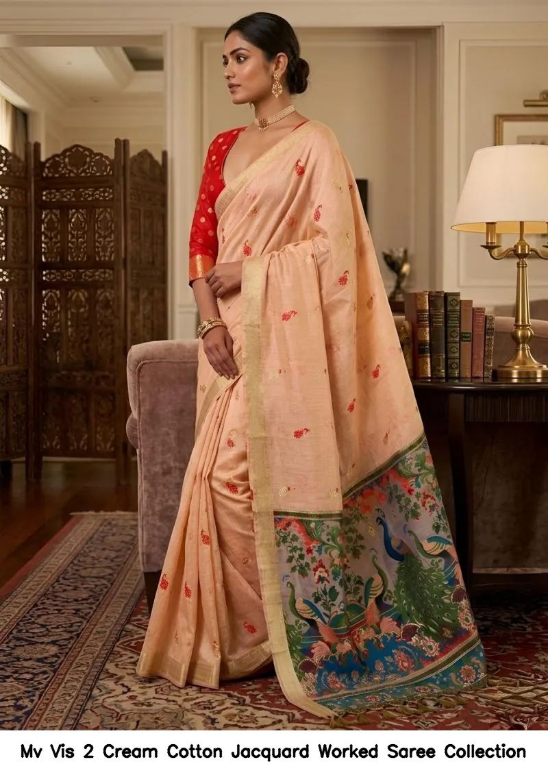 Mv Vis 2 Cream Cotton Jacquard Worked Saree Collection - Image 10