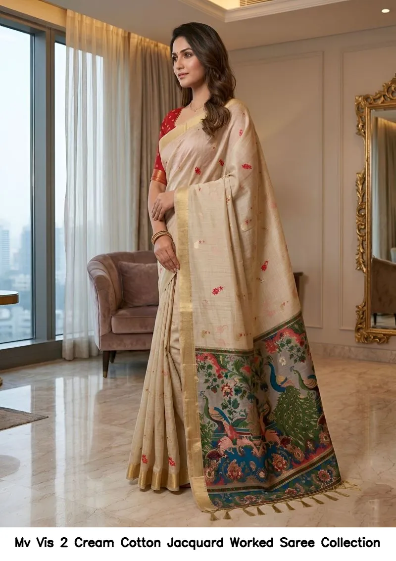 Mv Vis 2 Cream Cotton Jacquard Worked Saree Collection - Image 11
