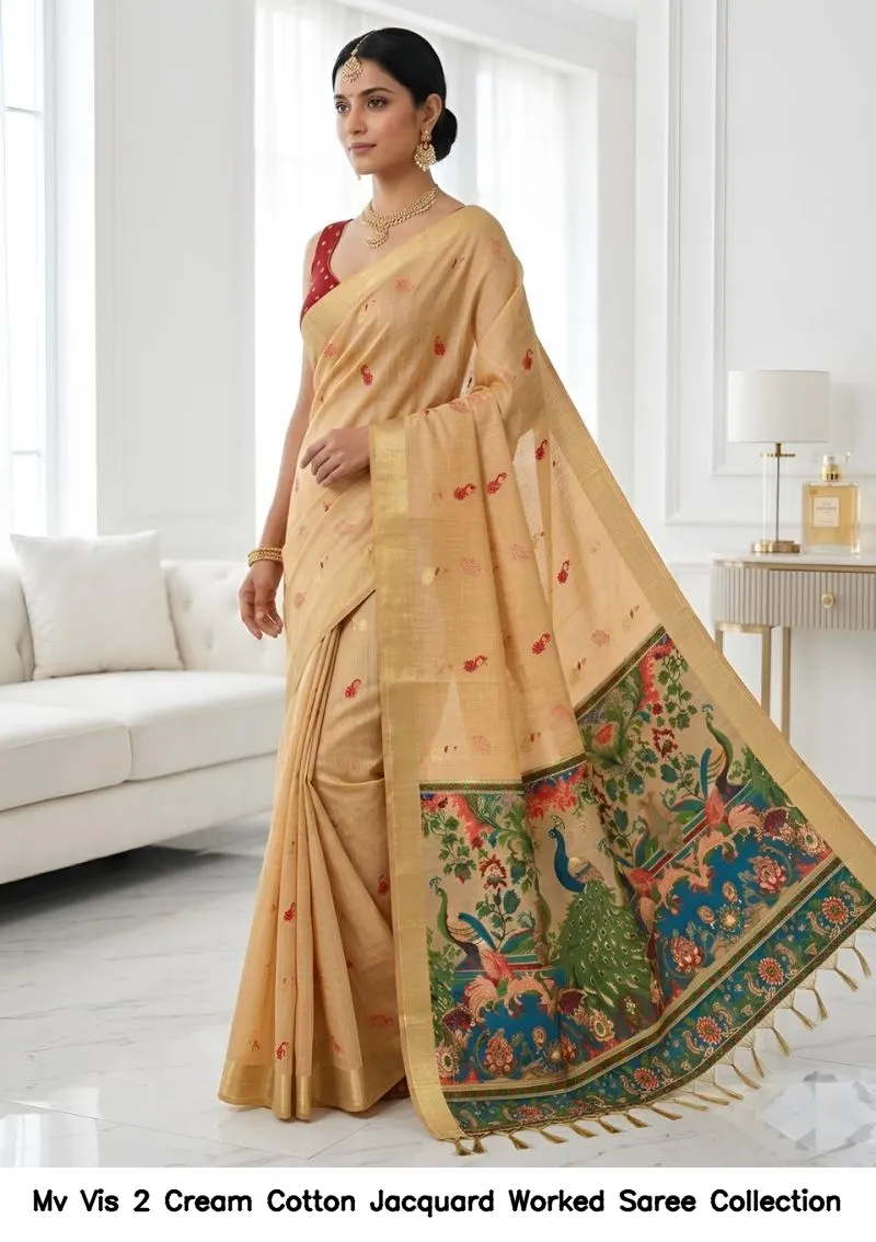 Mv Vis 2 Cream Cotton Jacquard Worked Saree Collection - Image 12
