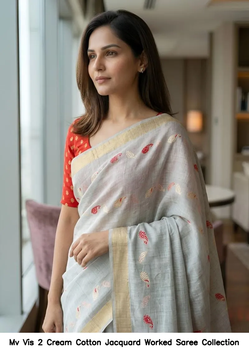 Mv Vis 2 Cream Cotton Jacquard Worked Saree Collection - Image 13