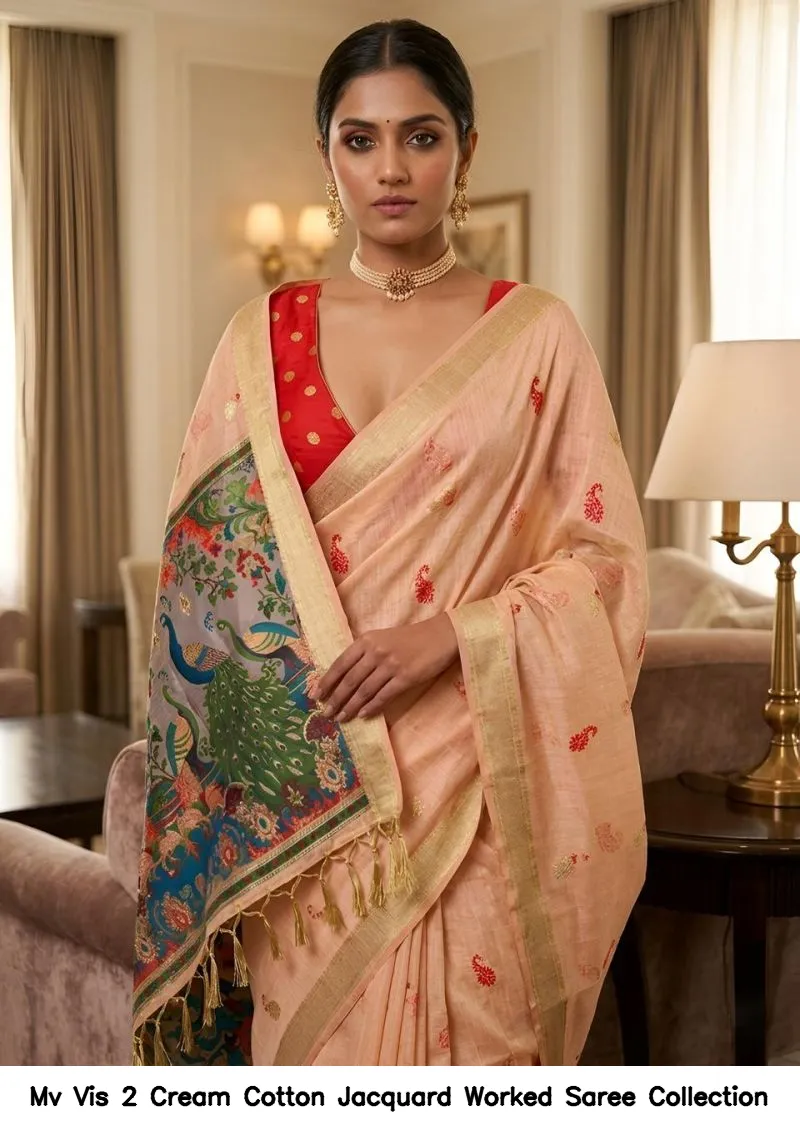 Mv Vis 2 Cream Cotton Jacquard Worked Saree Collection - Image 14