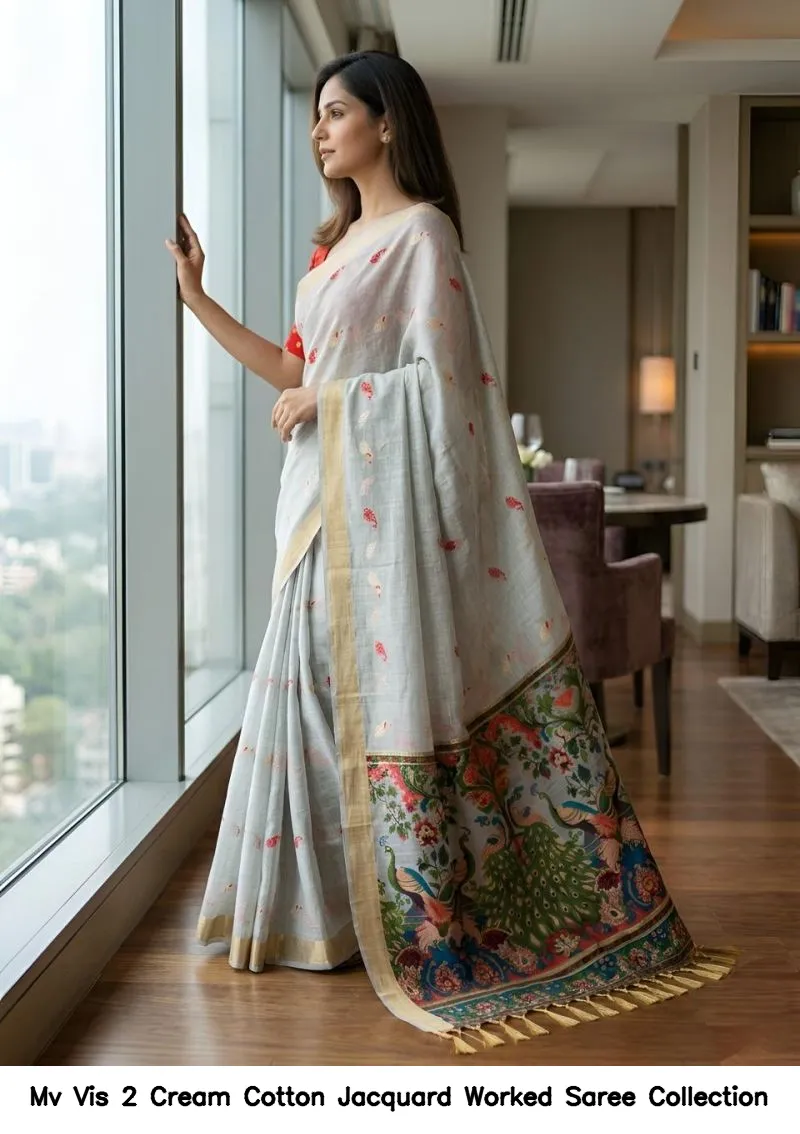 Mv Vis 2 Cream Cotton Jacquard Worked Saree Collection - Image 15