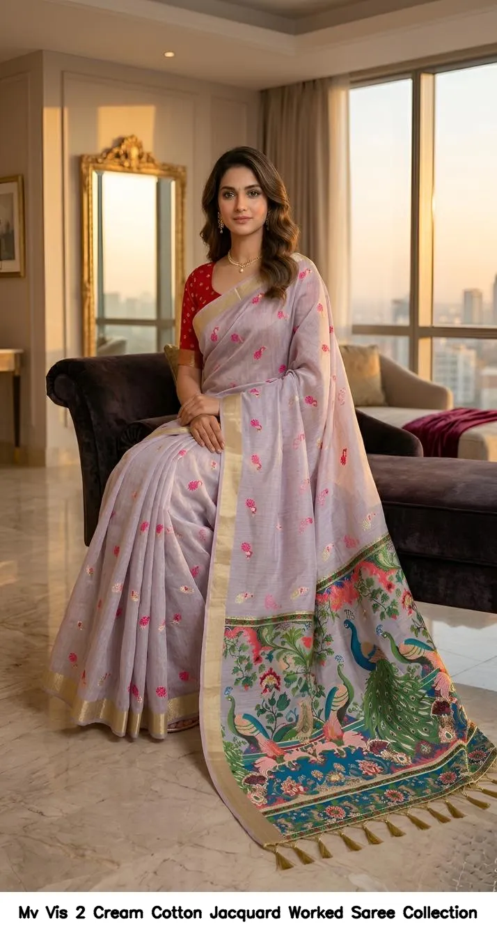 Mv Vis 2 Cream Cotton Jacquard Worked Saree Collection - Image 16