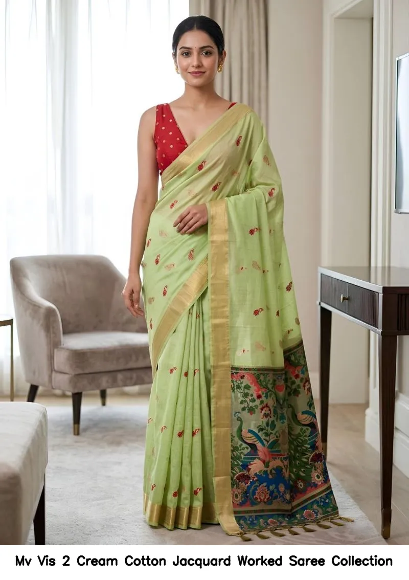 Mv Vis 2 Cream Cotton Jacquard Worked Saree Collection - Image 17