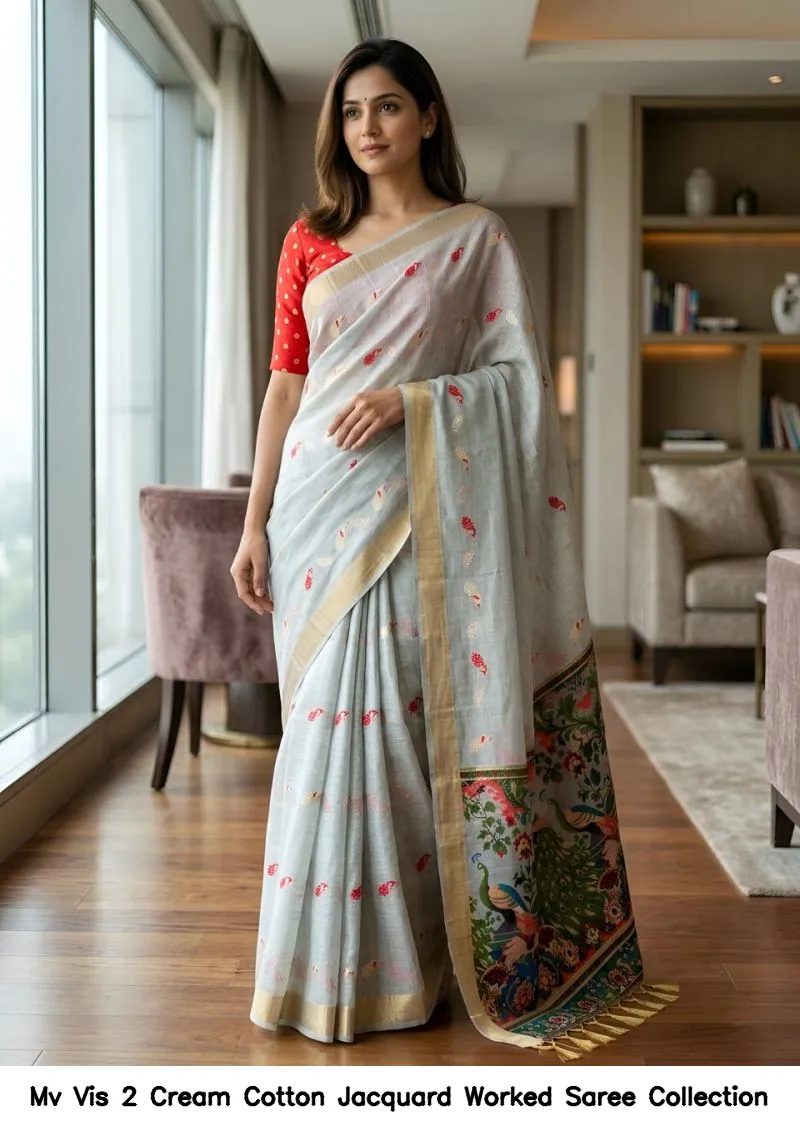 Mv Vis 2 Cream Cotton Jacquard Worked Saree Collection - Image 18