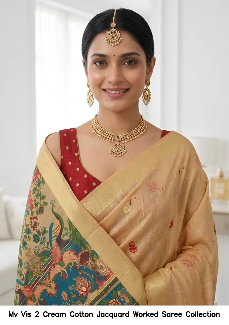 Mv Vis 2 Cream Cotton Jacquard Worked Saree Collection - Image 2