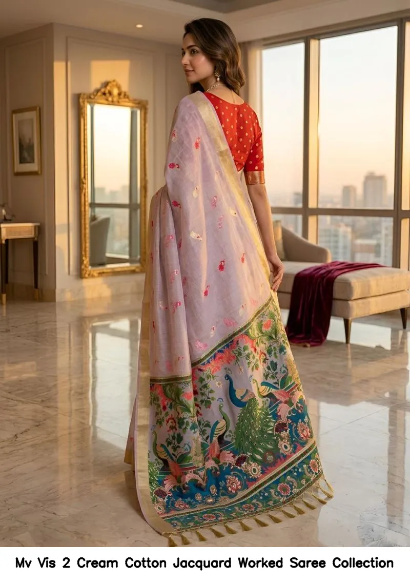 Mv Vis 2 Cream Cotton Jacquard Worked Saree Collection - Image 20