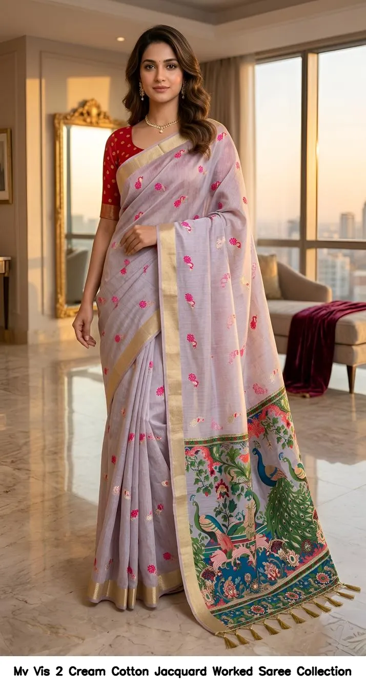 Mv Vis 2 Cream Cotton Jacquard Worked Saree Collection - Image 3