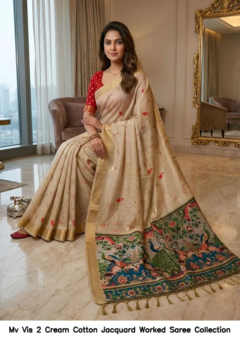 Mv Vis 2 Cream Cotton Jacquard Worked Saree Collection - Image 4