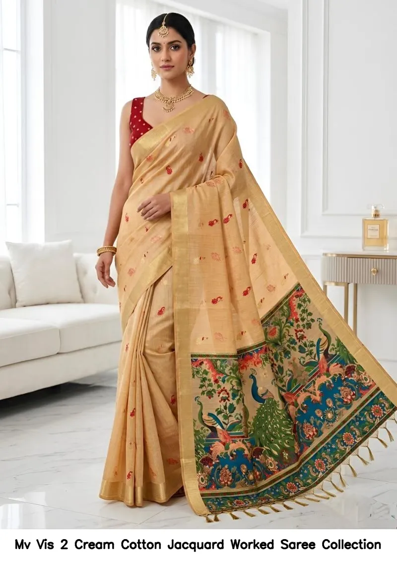 Mv Vis 2 Cream Cotton Jacquard Worked Saree Collection - Image 5