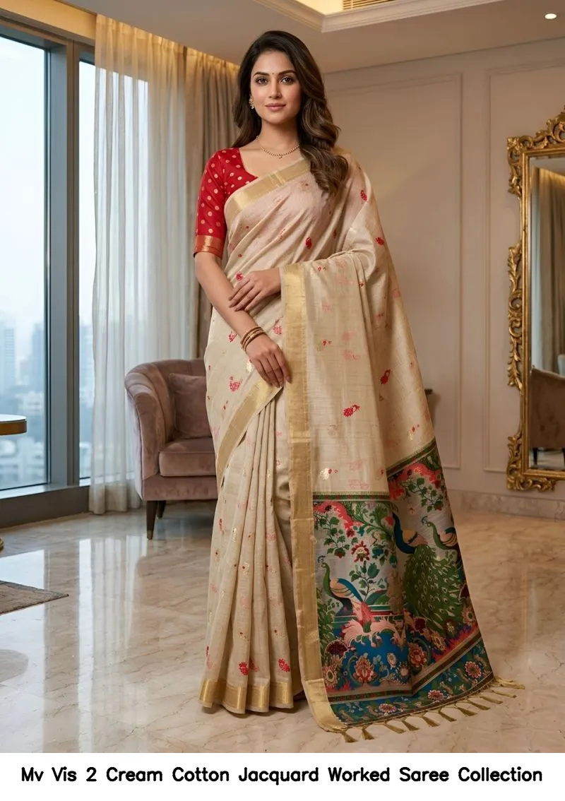 Mv Vis 2 Cream Cotton Jacquard Worked Saree Collection - Image 6