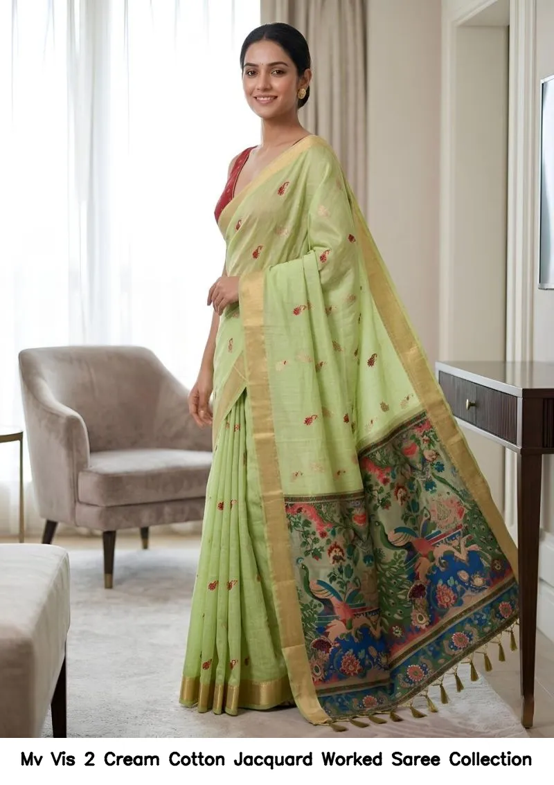 Mv Vis 2 Cream Cotton Jacquard Worked Saree Collection - Image 7