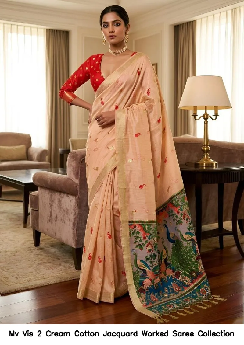 Mv Vis 2 Cream Cotton Jacquard Worked Saree Collection - Image 8
