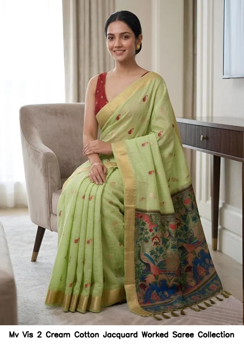 Mv Vis 2 Cream Cotton Jacquard Worked Saree Collection - Image 9