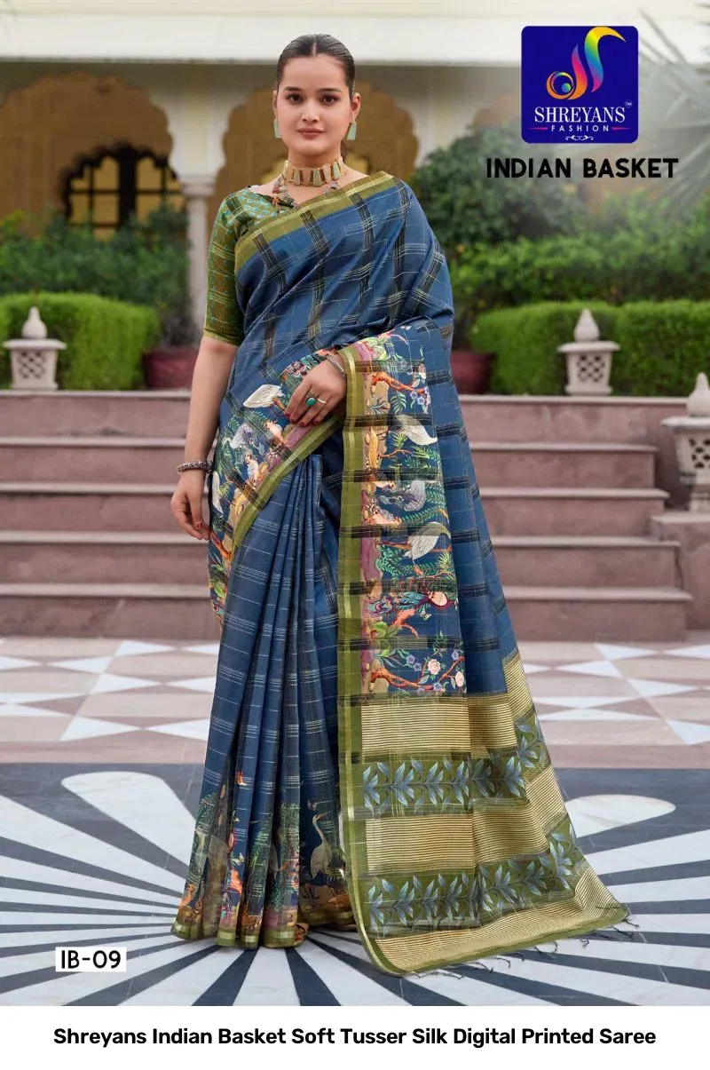 Shreyans Indian Basket Soft Tusser Silk Digital Printed Saree