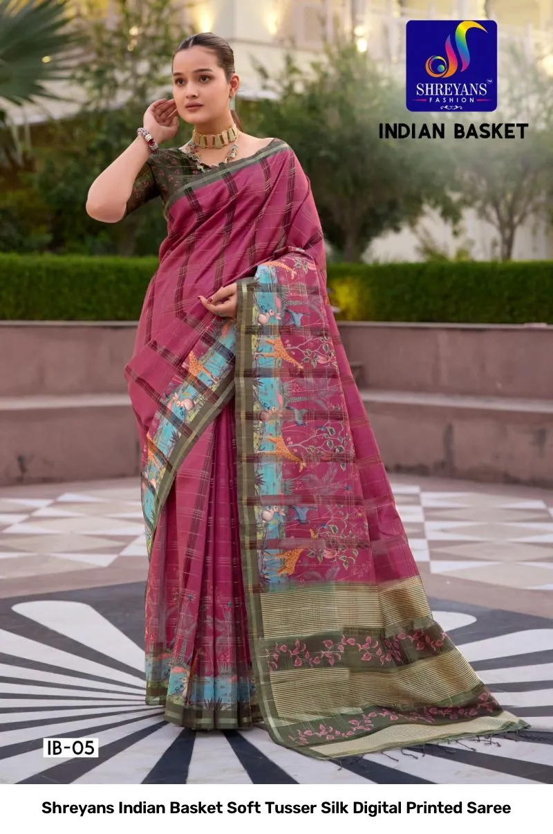 Shreyans Indian Basket Soft Tusser Silk Digital Printed Saree - Image 10