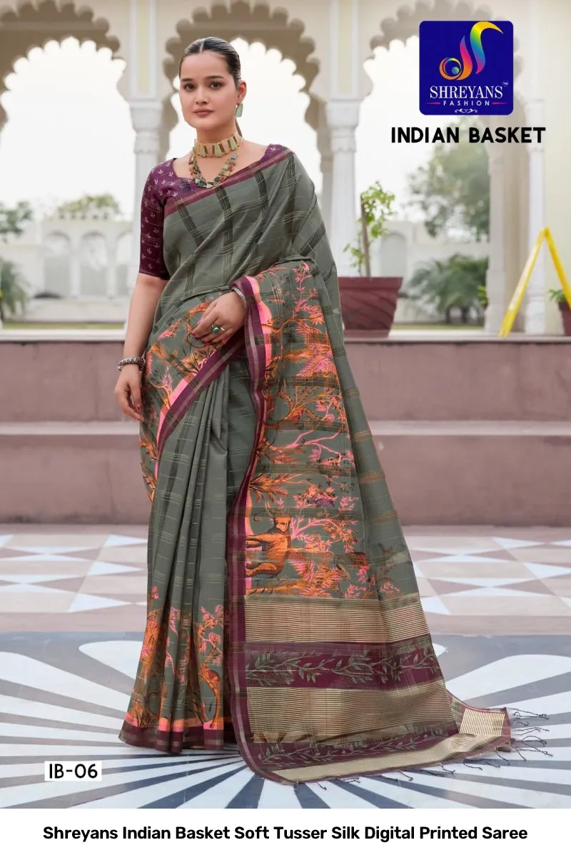 Shreyans Indian Basket Soft Tusser Silk Digital Printed Saree - Image 11