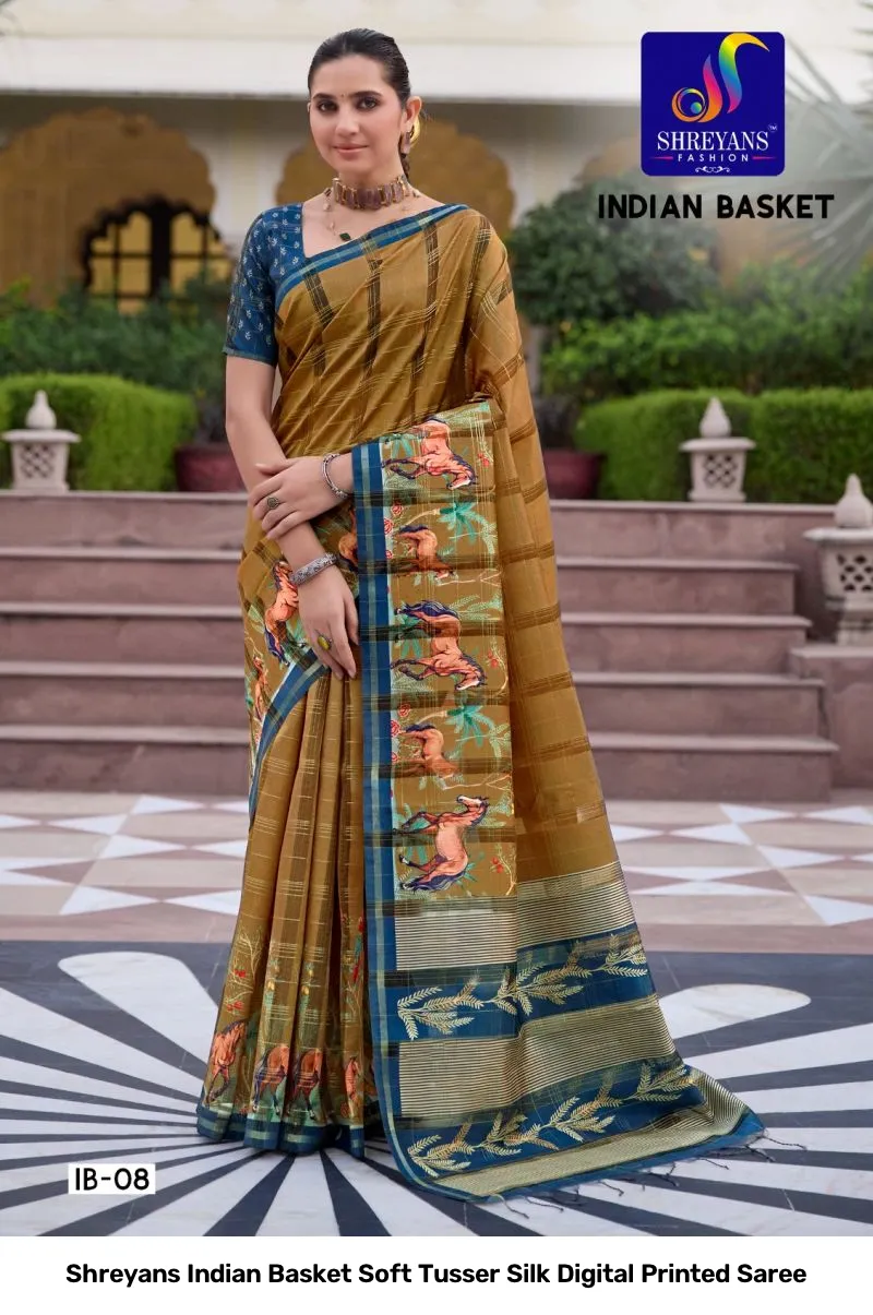 Shreyans Indian Basket Soft Tusser Silk Digital Printed Saree - Image 4