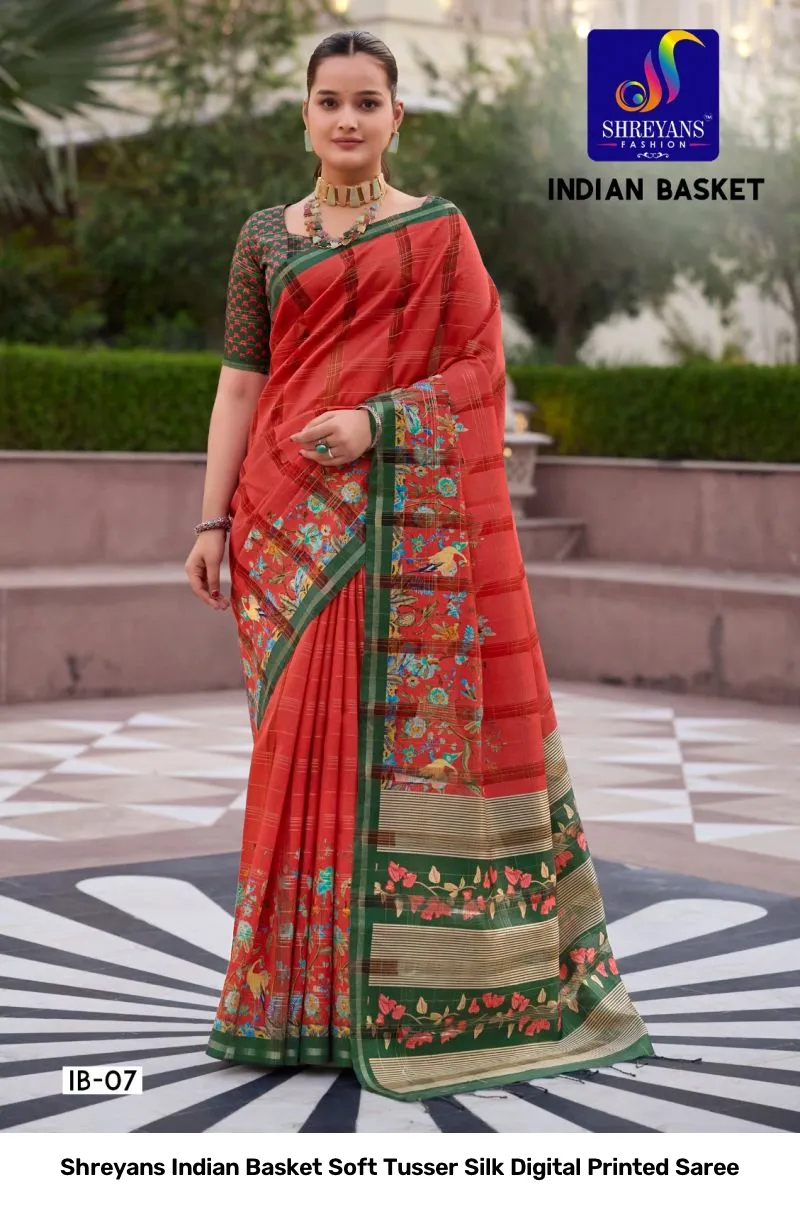 Shreyans Indian Basket Soft Tusser Silk Digital Printed Saree - Image 5