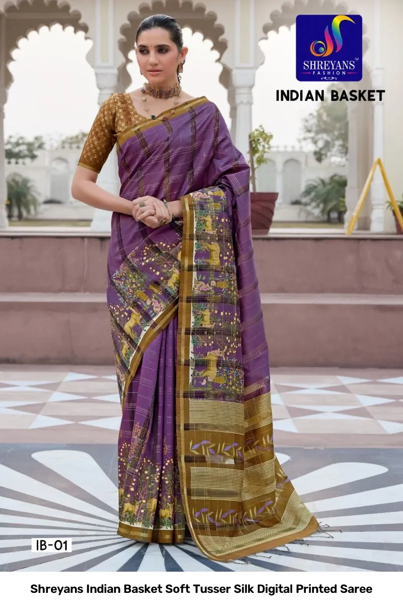 Shreyans Indian Basket Soft Tusser Silk Digital Printed Saree - Image 6