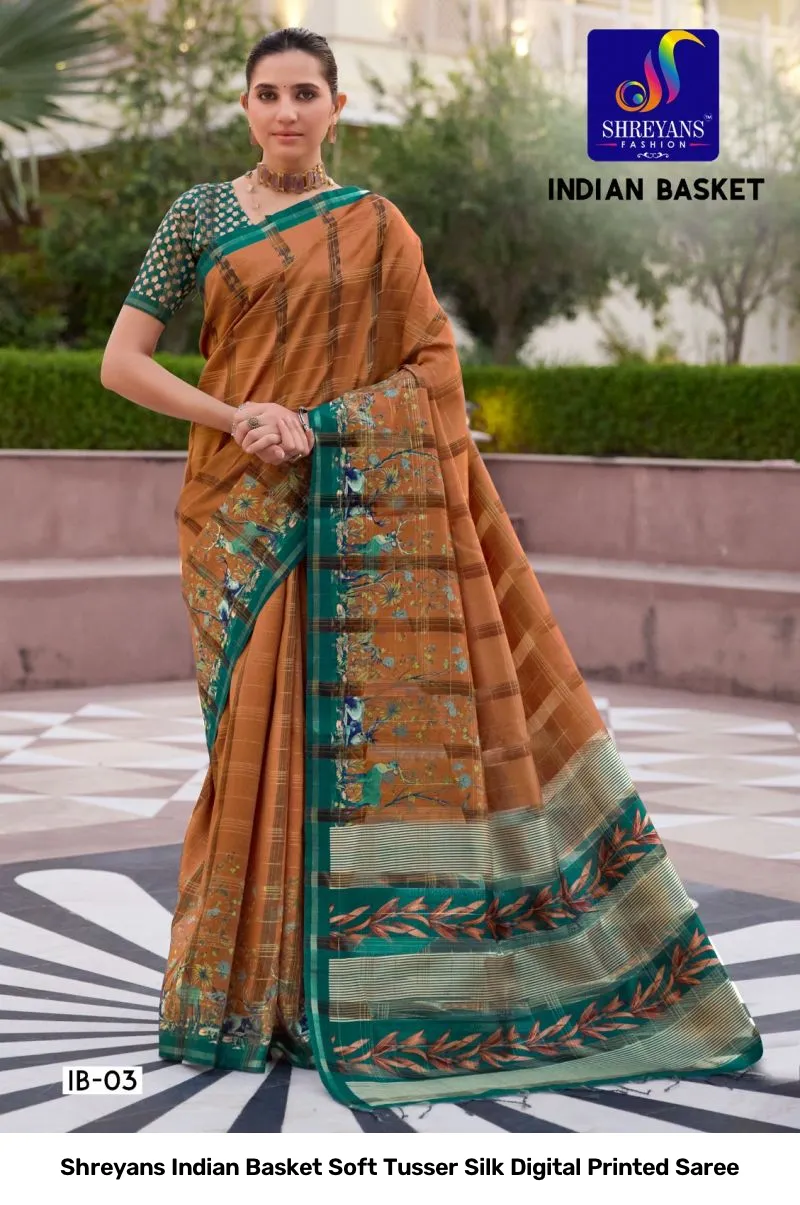 Shreyans Indian Basket Soft Tusser Silk Digital Printed Saree - Image 7