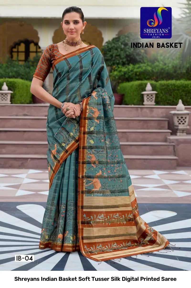 Shreyans Indian Basket Soft Tusser Silk Digital Printed Saree - Image 8