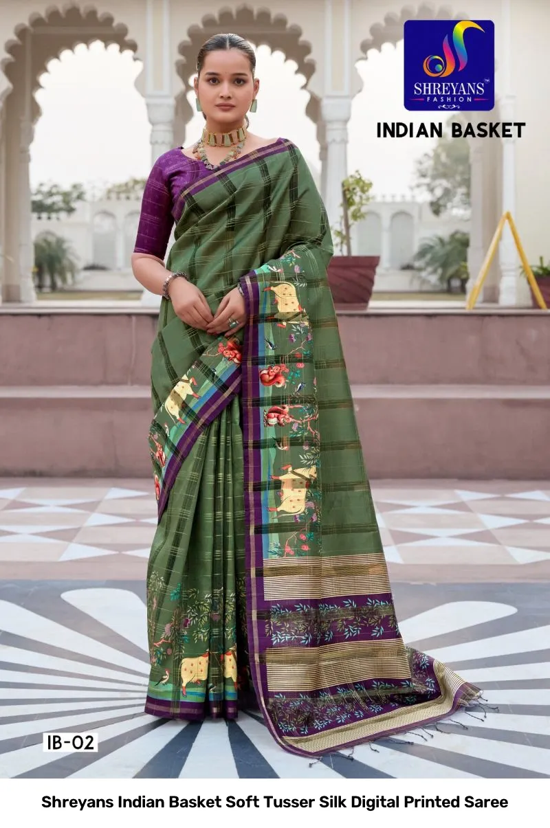 Shreyans Indian Basket Soft Tusser Silk Digital Printed Saree - Image 9