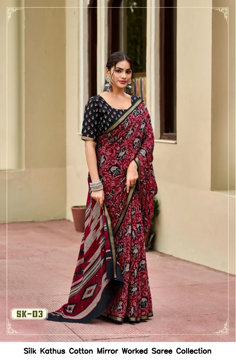 Silk Kathus Cotton Mirror Worked Saree Collection - Image 4