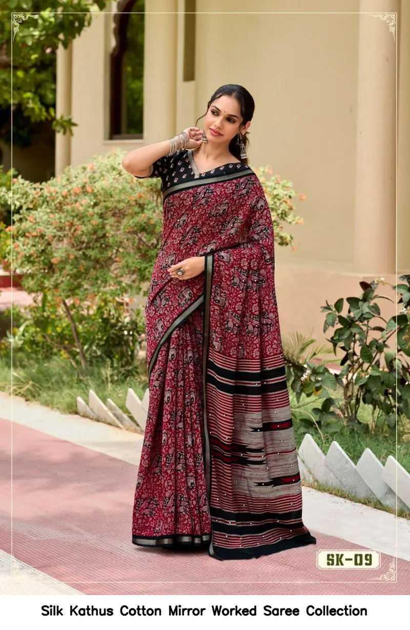 Silk Kathus Cotton Mirror Worked Saree Collection - Image 7