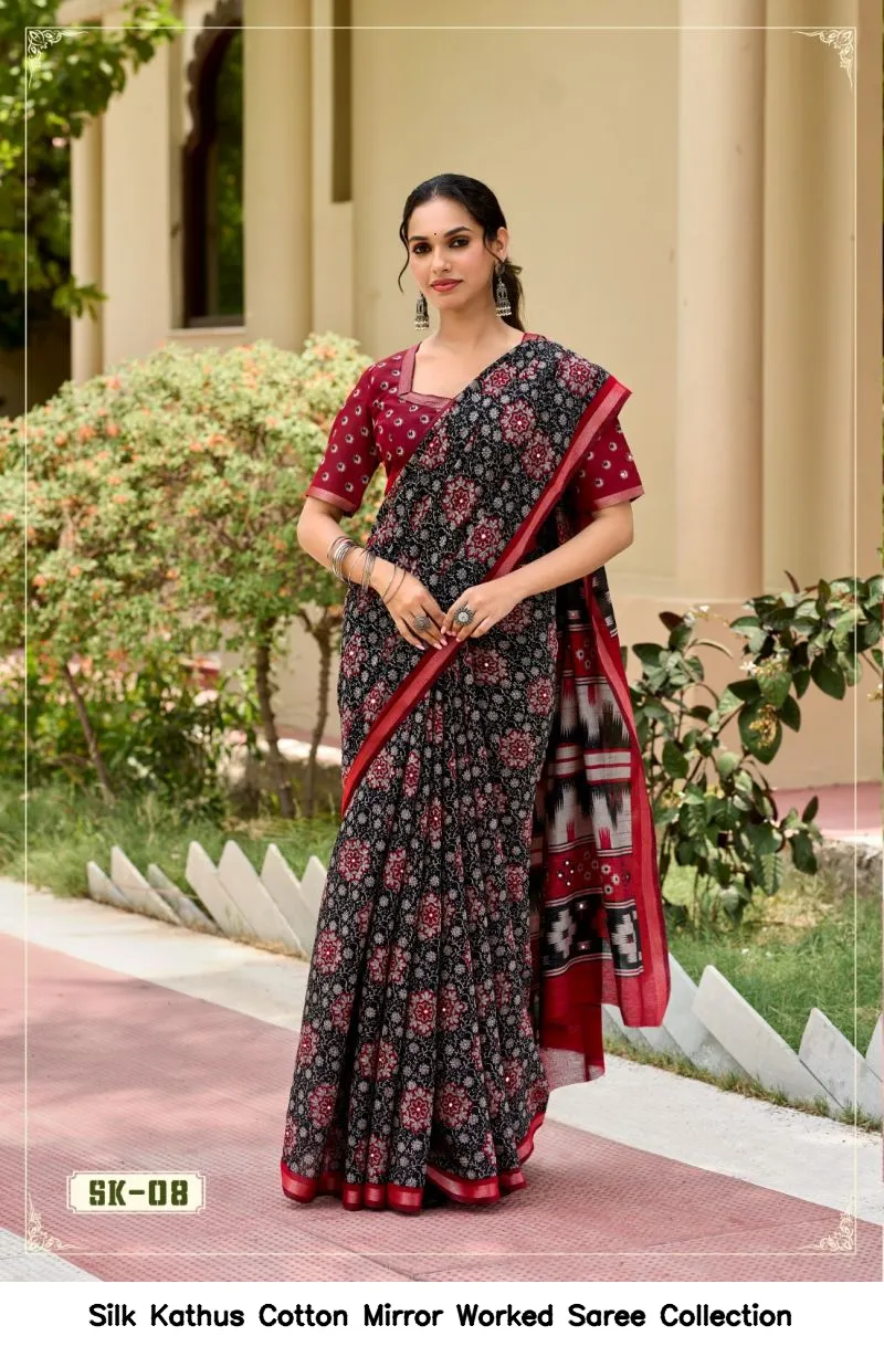 Silk Kathus Cotton Mirror Worked Saree Collection - Image 8