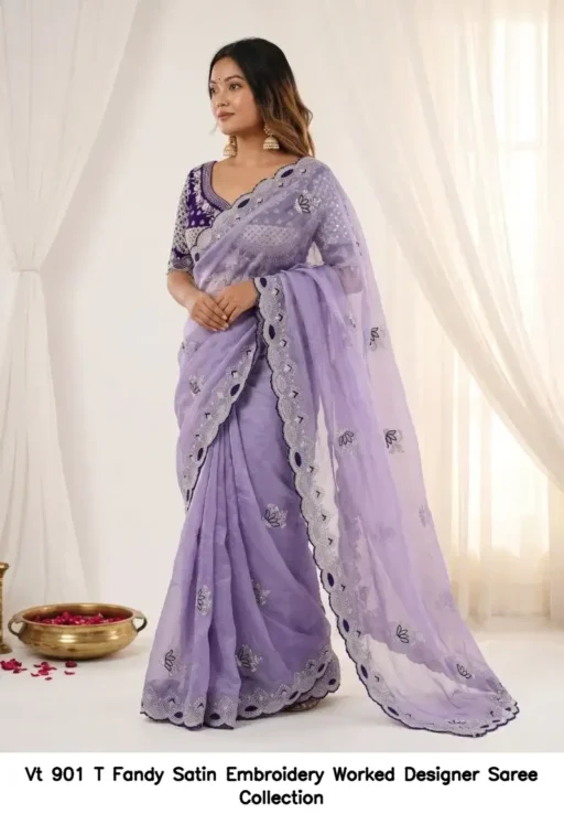 Vt 901 T Fandy Satin Embroidery Worked Designer Saree Collection