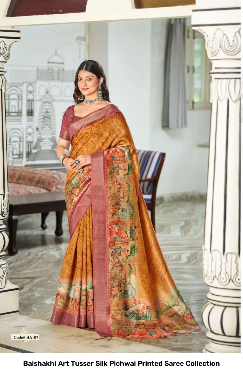 Baishakhi Art Tusser Silk Pichwai Printed Saree Collection - Image 3