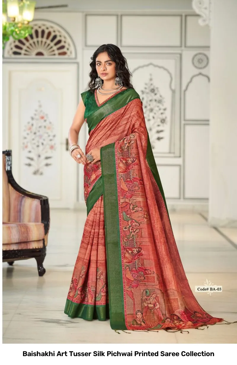 Baishakhi Art Tusser Silk Pichwai Printed Saree Collection - Image 5