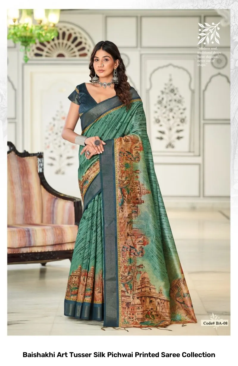 Baishakhi Art Tusser Silk Pichwai Printed Saree Collection - Image 6